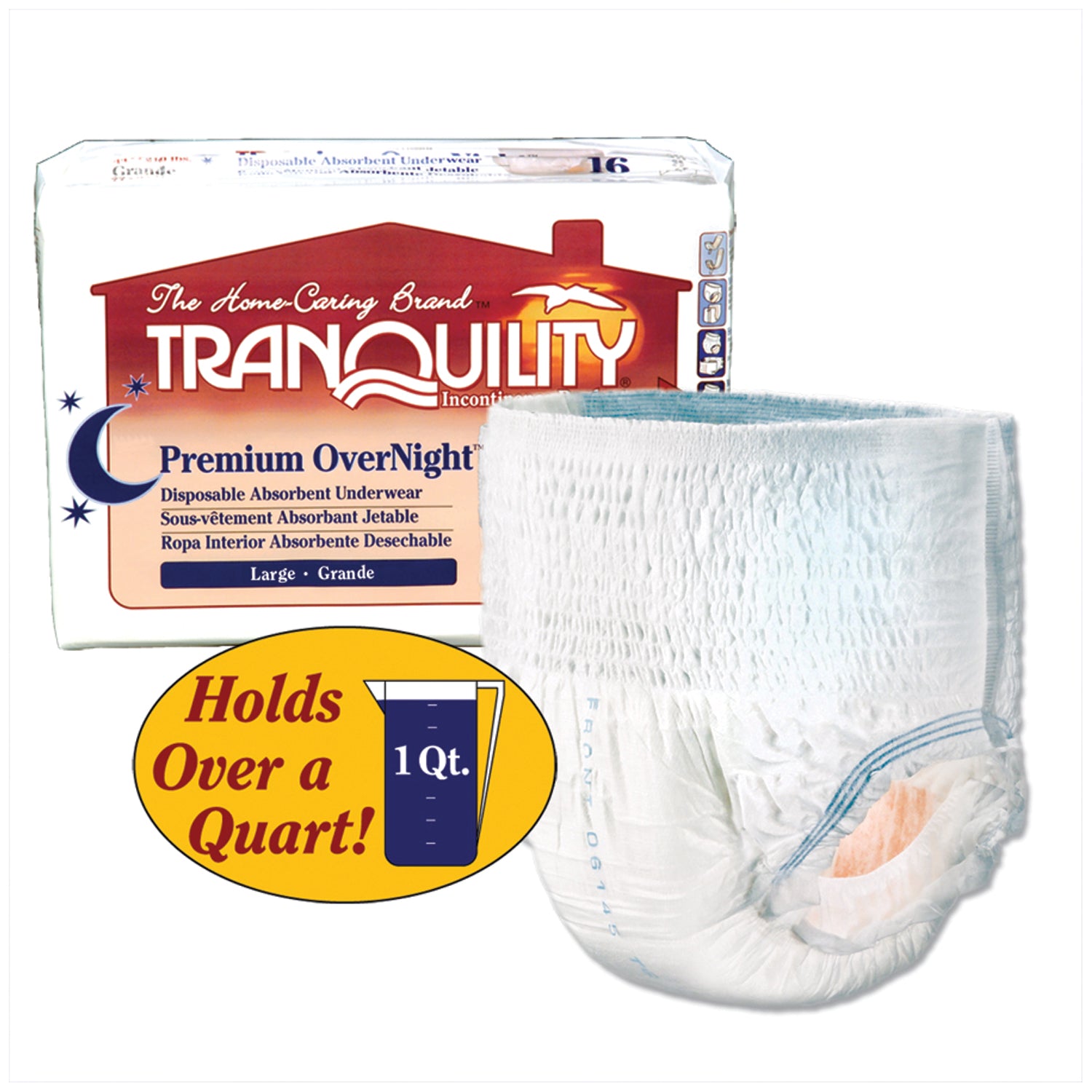 PRINCIPLE BUSINESS TRANQUILITY® PREMIUM OVERNIGHT™ DISPOSABLE ABSORBENT UNDERWEAR Underwear, Large Overnight DAU, 44"-54", 170-210 lbs, Capacityi 34.0 fl oz, 16/pk, 4 pk/cs