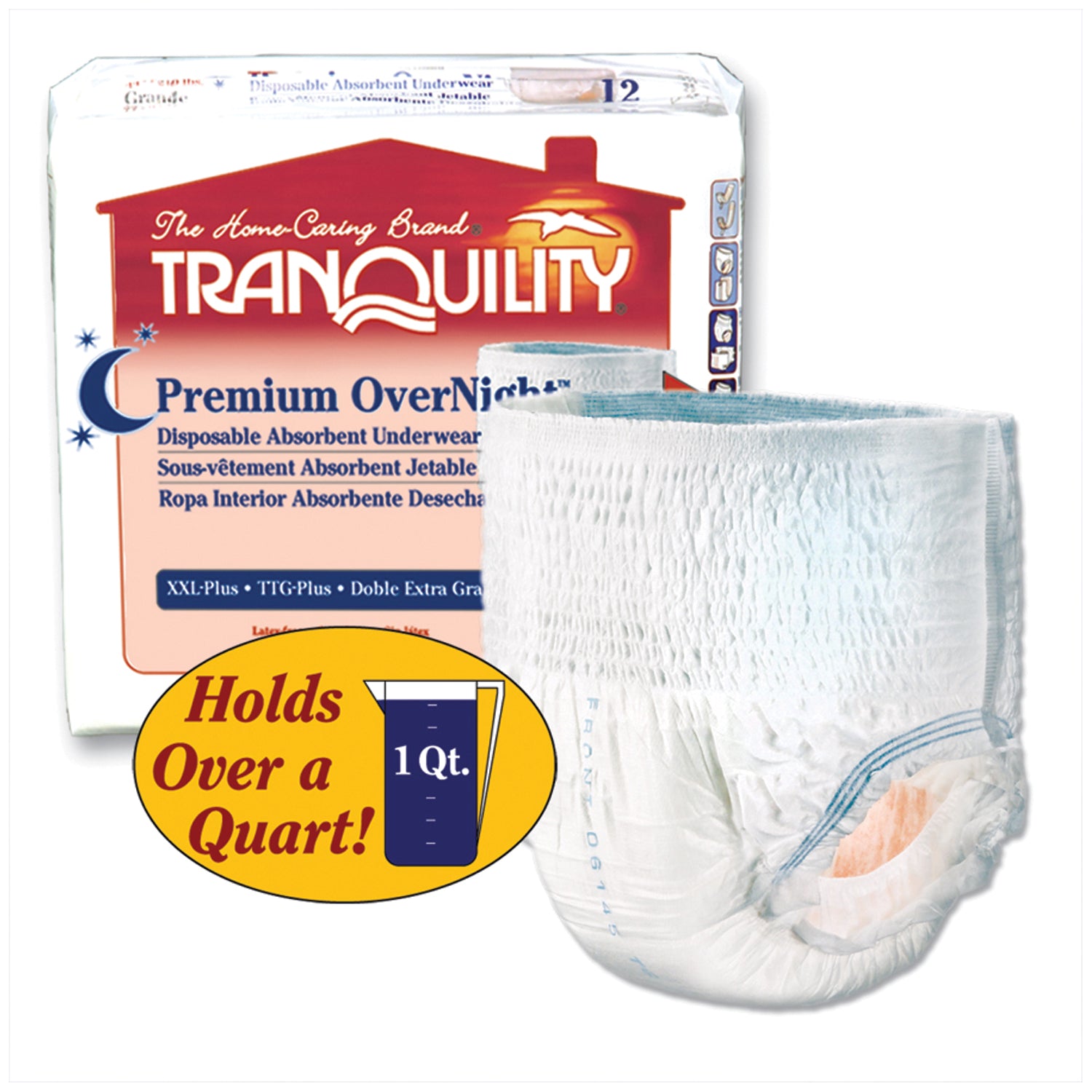 PRINCIPLE BUSINESS TRANQUILITY® PREMIUM OVERNIGHT™ DISPOSABLE ABSORBENT UNDERWEAR "Underwear, XXL-Plus Overnight DAU, 62\"-80\", 250+ lbs, Capacity 34.0 fl oz, 12/bg, 4 bg/cs "