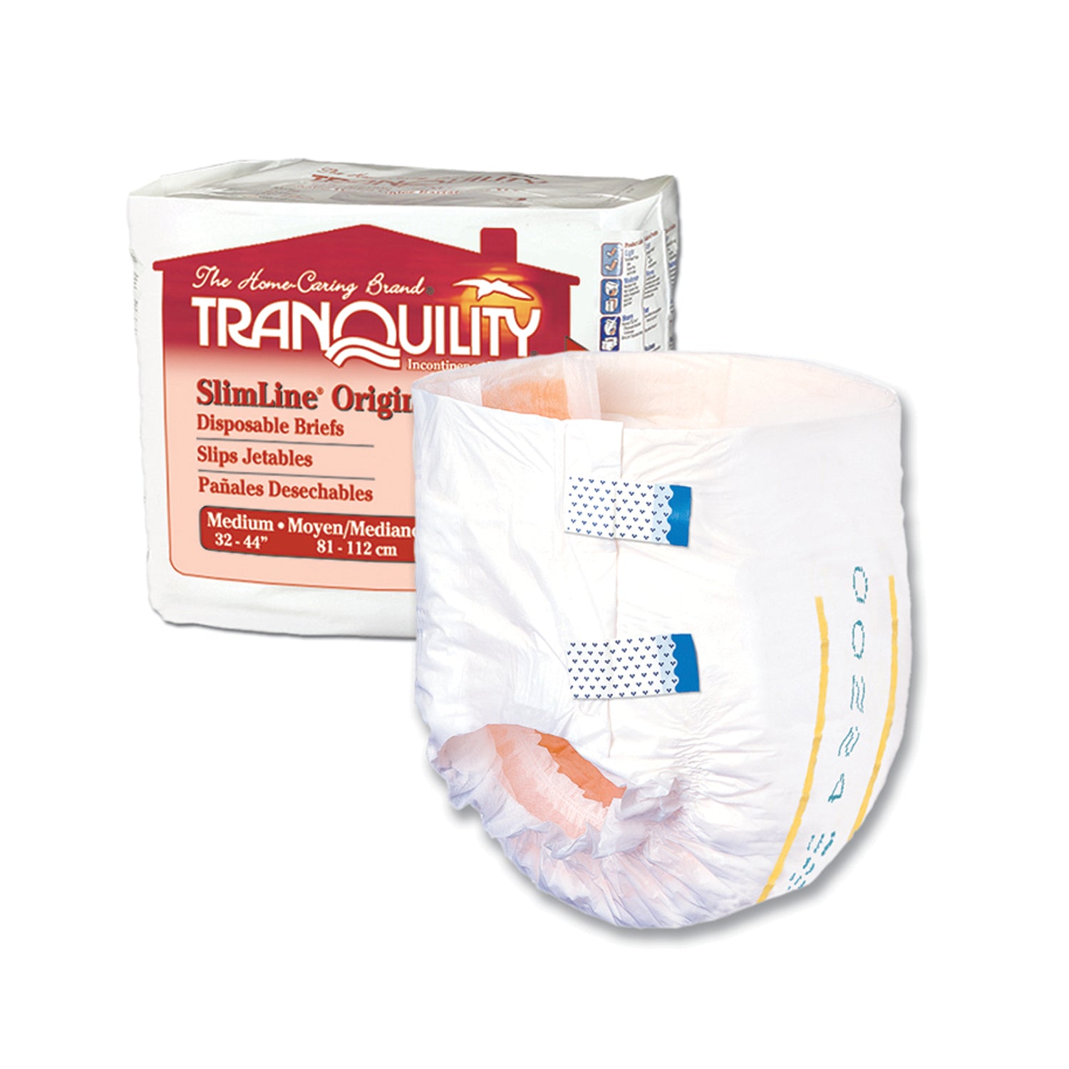 PRINCIPLE BUSINESS TRANQUILITY® SLIMLINE® DISPOSABLE BRIEFS "Brief, Medium Adult, 32\" to 44\", 20.4 fl oz Capacity, 12/bg, 8 bg/cs "