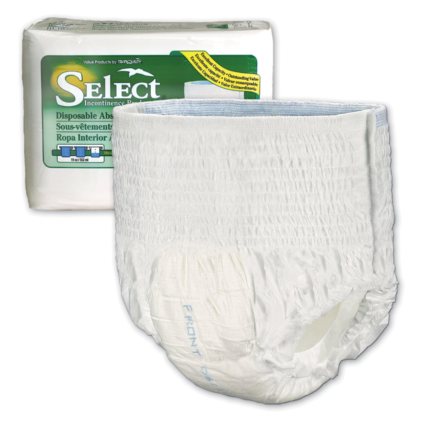 PRINCIPLE BUSINESS SELECT® DISPOSABLE ABSORBENT UNDERWEAR "Underwear, Large Select DAU, 44\"-54\", 170-210 lbs, Capacity 19.0 fl oz, 18/bg, 4bg/cs "