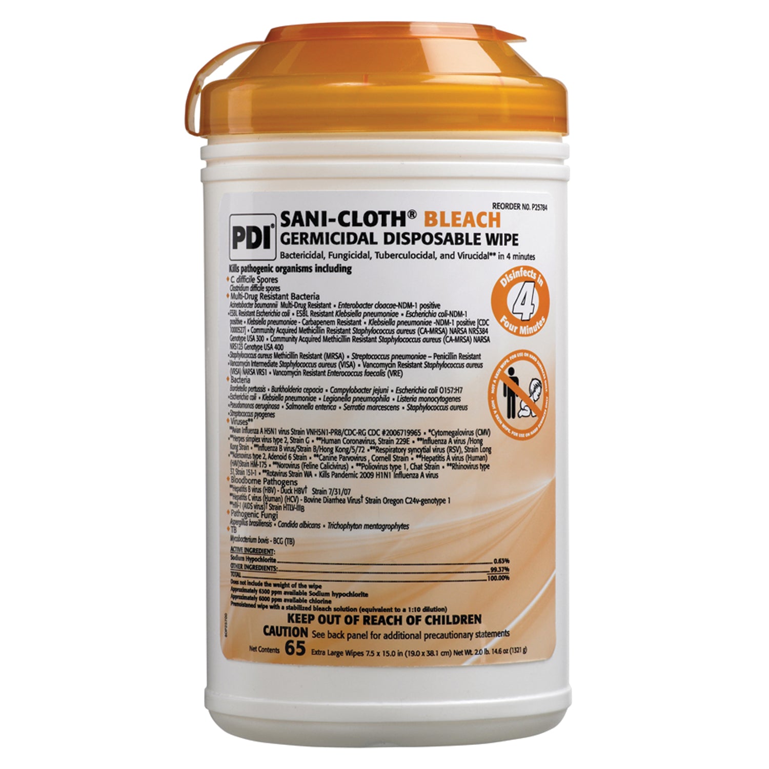 PDI SANI-CLOTH® BLEACH GERMICIDAL DISPOSABLE WIPE "Bleach Germicidal Dispsoable Wipe, X-Large, 71/2\" x 15\", 65 wipes/can, 6 can/cs "