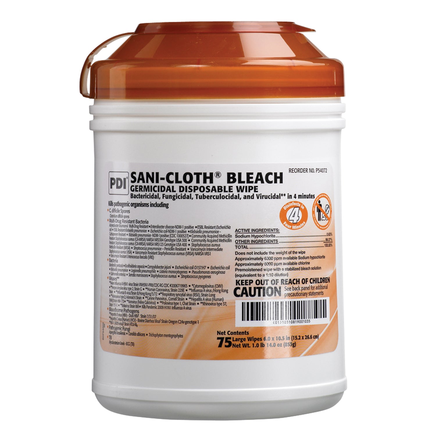 PDI SANI-CLOTH® BLEACH GERMICIDAL DISPOSABLE WIPE "Bleach Germicidal Disposable Wipe, Large, 6\" x 101/2\", 75/canister, 12 can/cs "