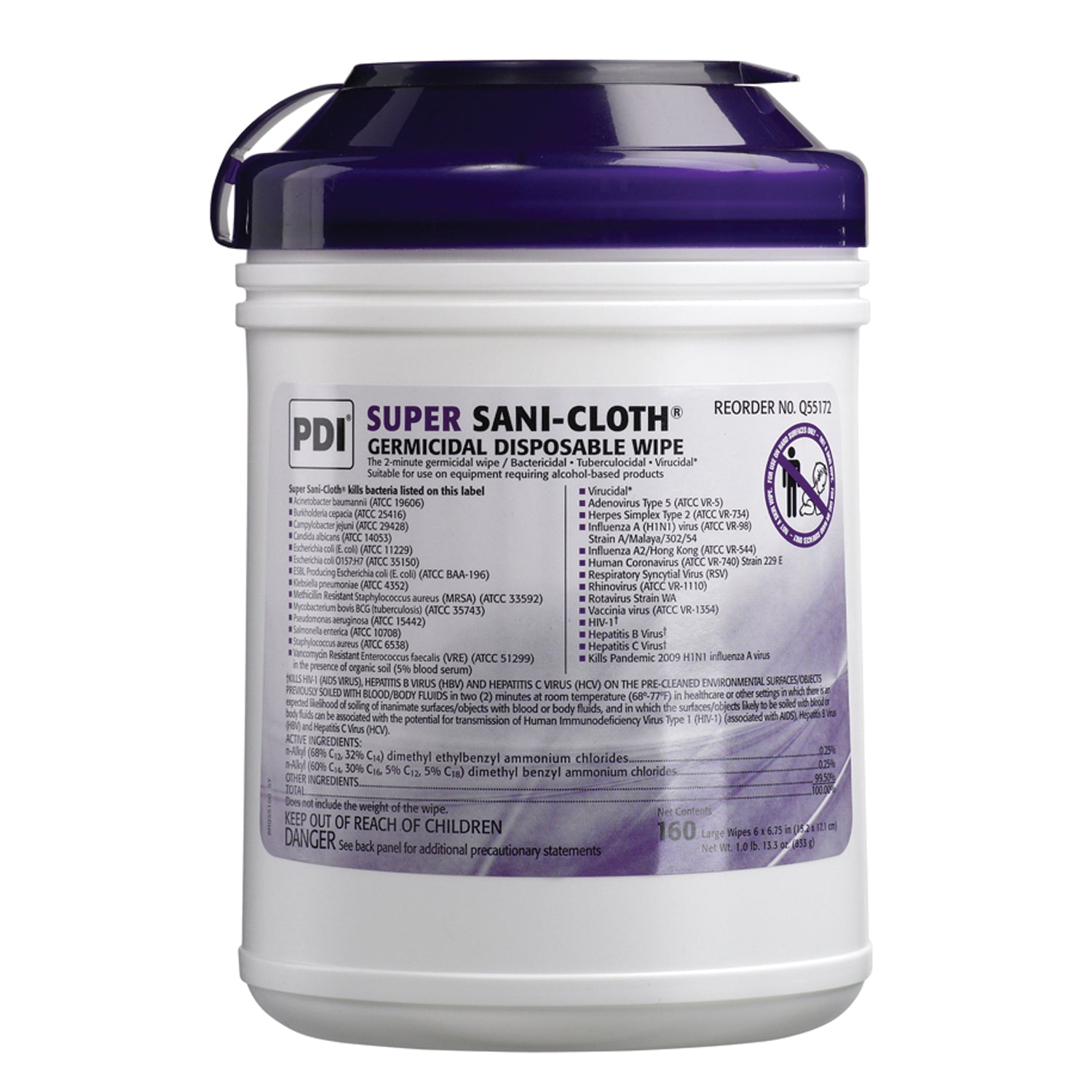 PDI SUPER SANI-CLOTH® GERMICIDAL DISPOSABLE WIPE Germicidal Disposable Wipe, Large Canister, 6" x 6¾", 160/canister, 12 canister/cs