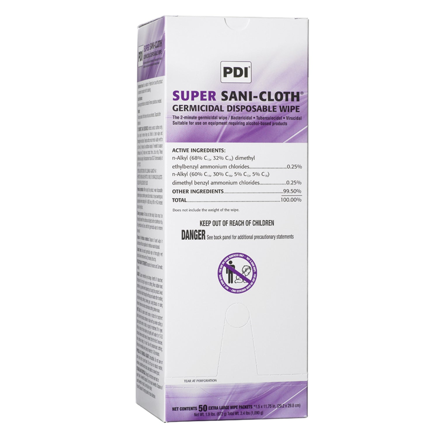 PDI SUPER SANI-CLOTH® GERMICIDAL DISPOSABLE WIPE "Germicidal Disposable Wipe, X-Large, Individual, Boxed, 111/2\" x 113/4\", 50/bx, 3 bx/cs "