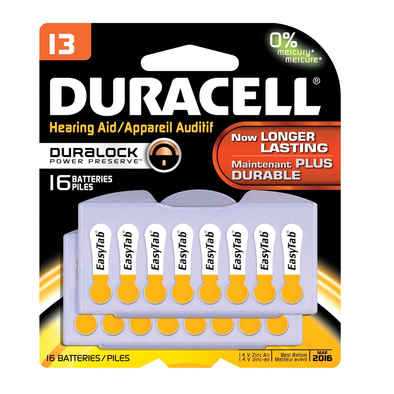 DURACELL® HEARING AID Battery, Zinc Air, Size 13, 16pk, 6 pk/bx, 6 bx/cs