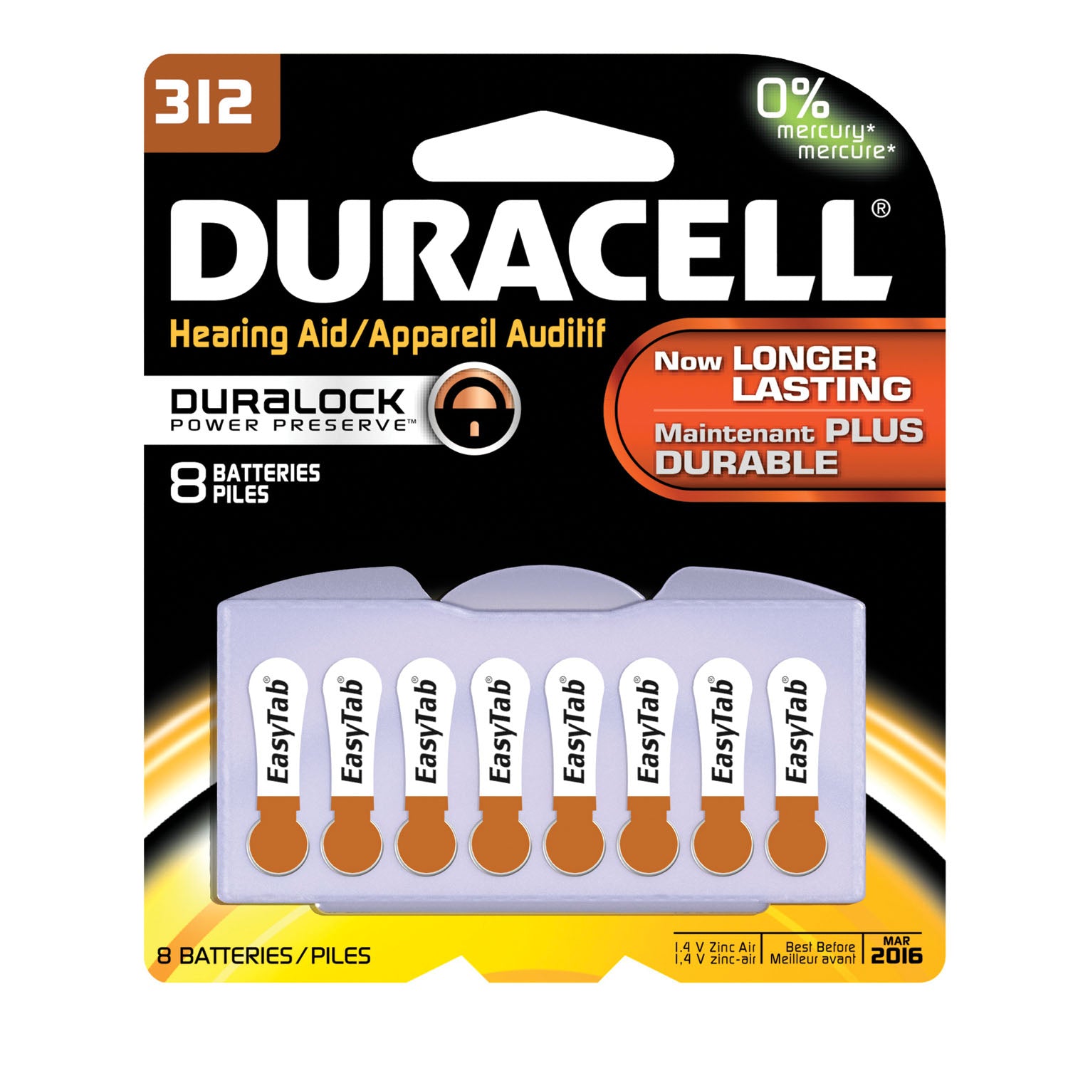DURACELL® HEARING AID Battery, Zinc Air, Size 312, 8/pk, 6 pk/bx