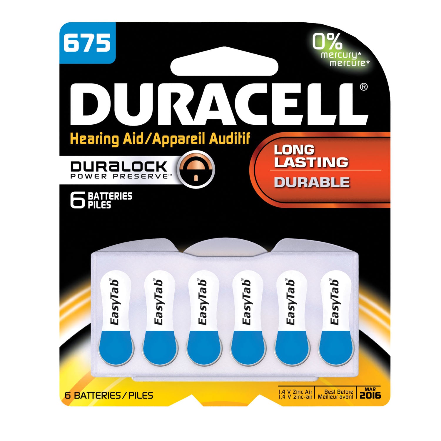 DURACELL® HEARING AID Battery, Zinc Air, Size 675, 6pk, 6 pk/bx, 6bx/cs