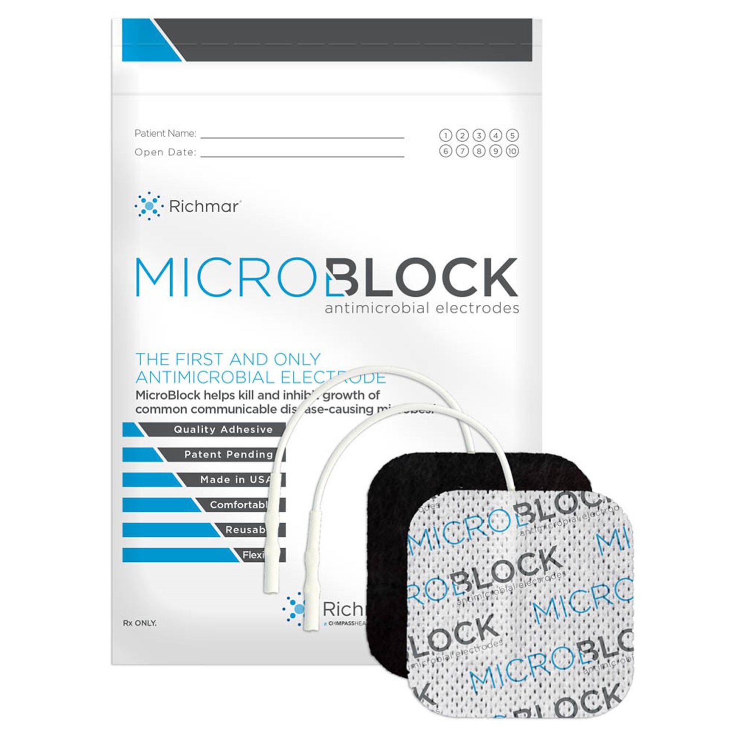 RICHMAR MICROBLOCK ANTIMICROBIAL ELECTRODES "MicroBlock Antimicrobial Electrodes, 2” x 2\" Square White Cloth. 4/pk, 10 pks/bg, 1 bg/cs. US Sales only."