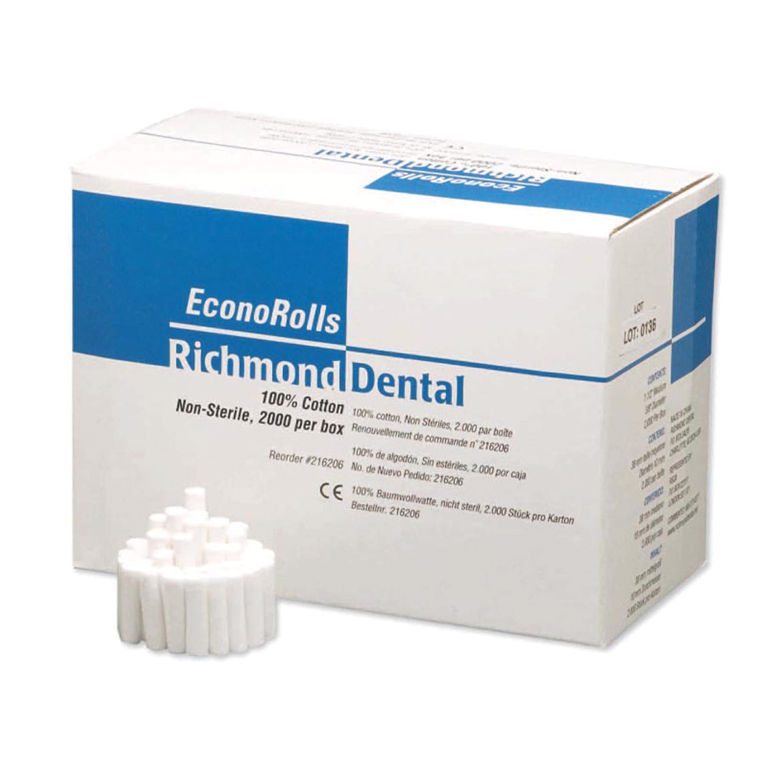 RICHMOND ECONOMY COTTON ROLLS "Economy Cotton Roll, Medium 11/2\" x 3/8\" Dia, Non-Sterile, 2000/bx"