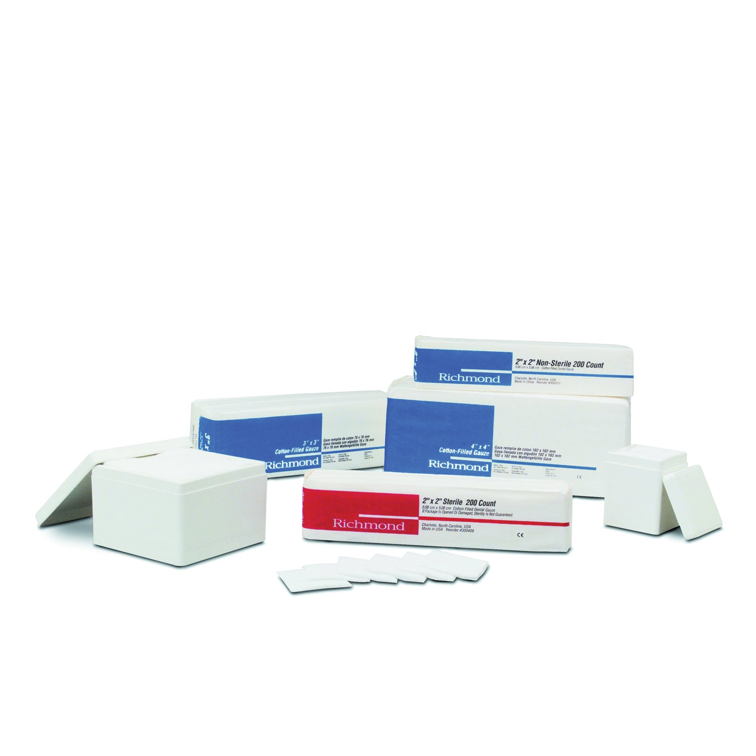 RICHMOND COTTON FILLED EXODONTIA SPONGES "Cotton Filled Sponge, 3\" x 3\", 4-Ply, Non-Sterile, 200/slv, 20 slv/cs"