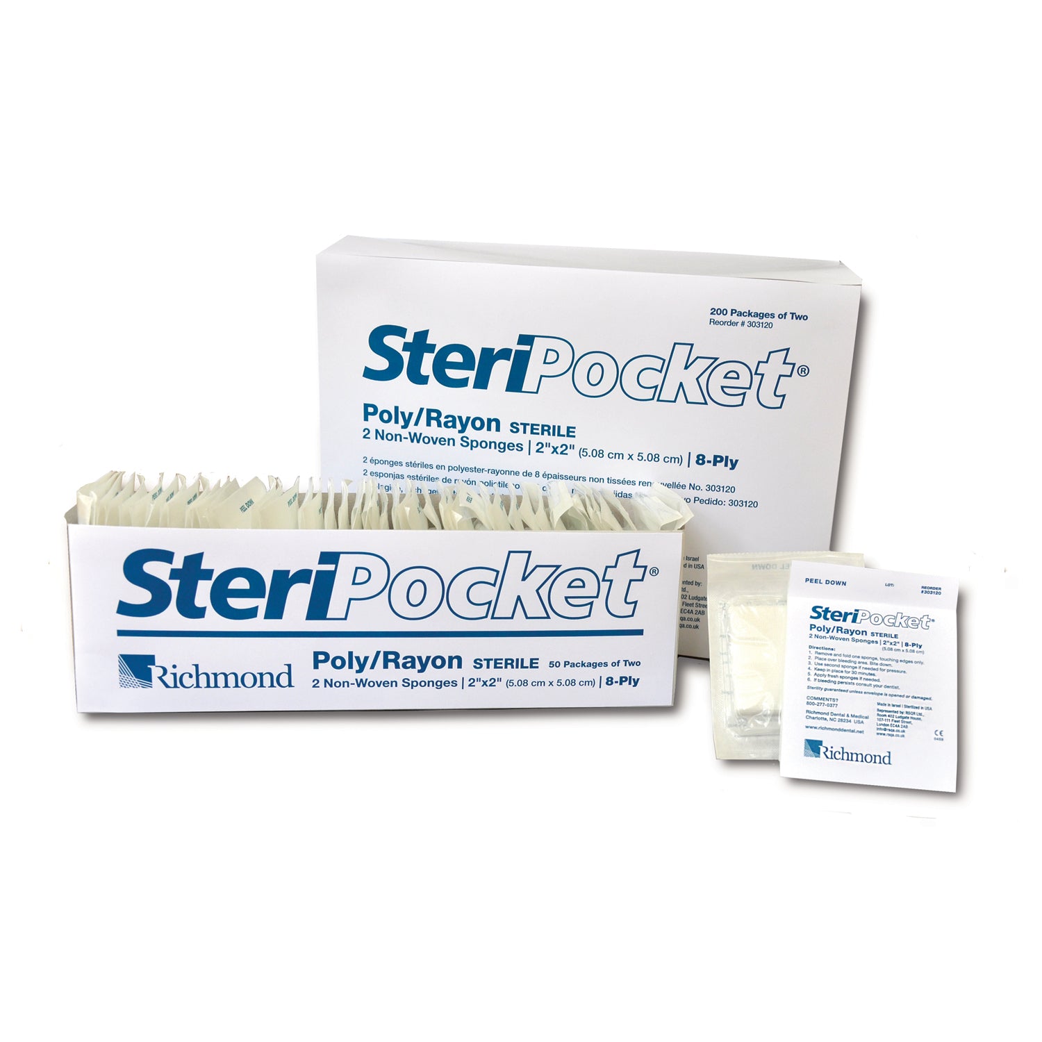 RICHMOND STERIPOCKET™ SPONGES "SteriPocket Sponge, Cotton Filled, 2\" x 2\", Sterile, 2/pk, 300 pk/bx"