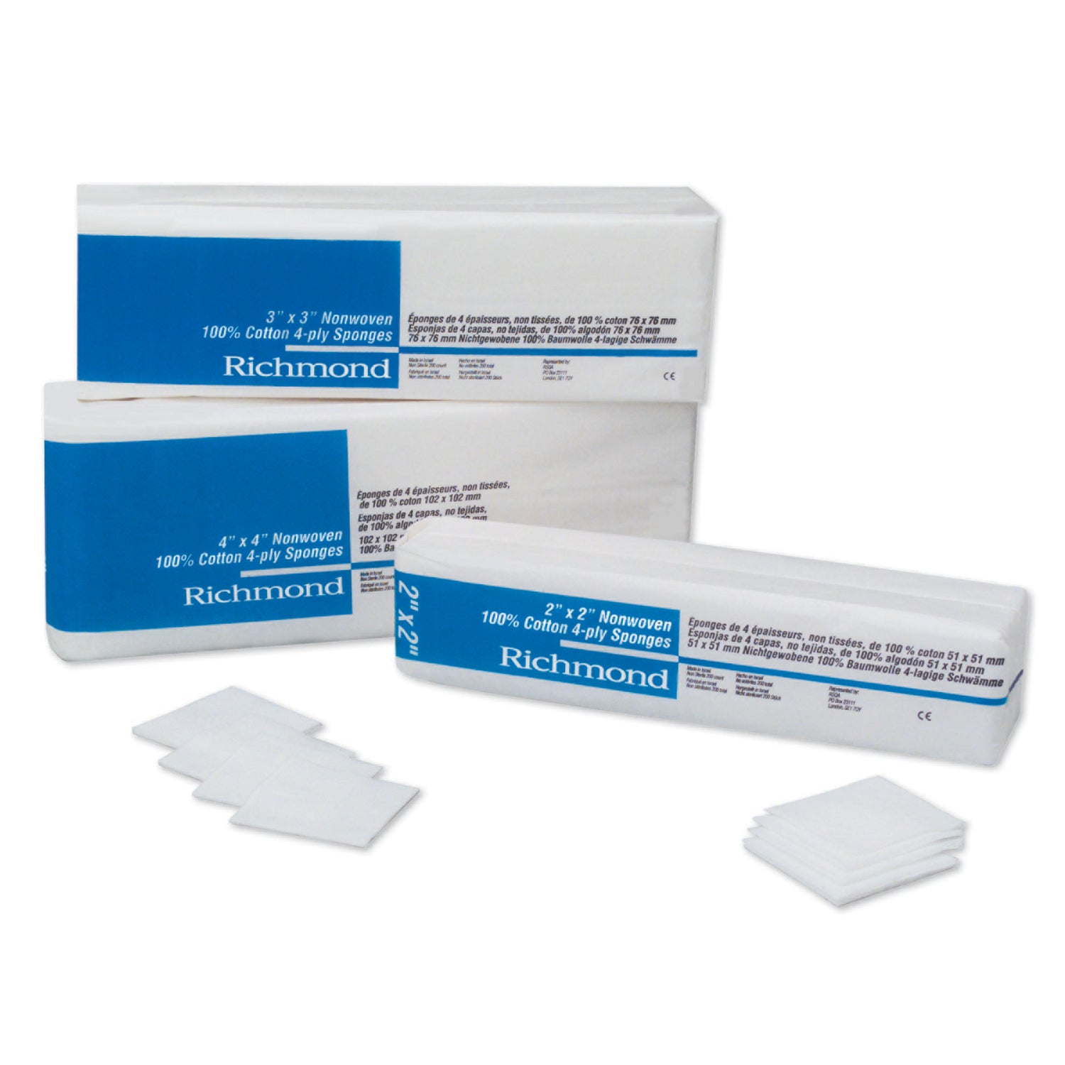 RICHMOND COTTON NON-WOVEN SPONGES "Non-Woven Cotton Sponge, 4\" x 4\", 4-Ply, Non-Sterile, 200/slv, 10 slv/cs"