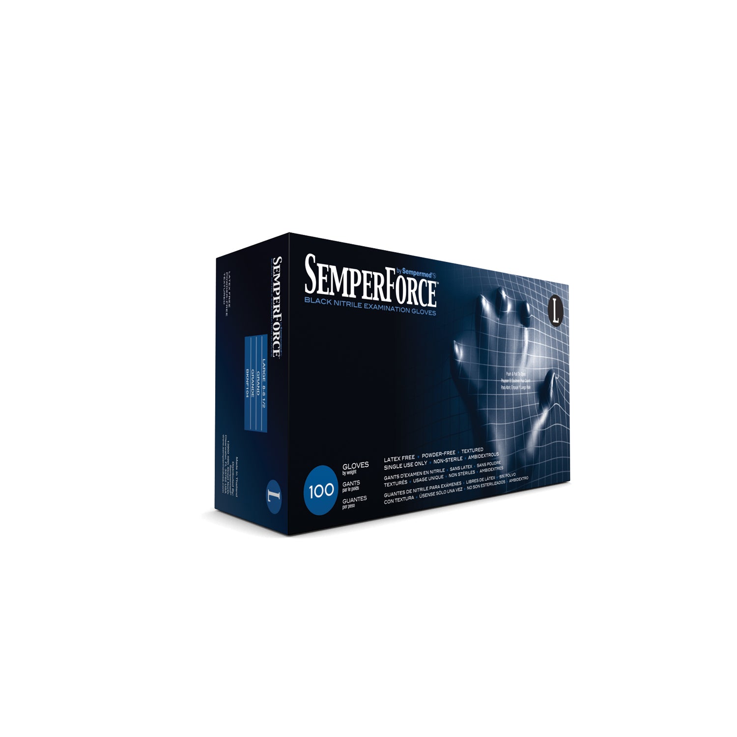 SEMPERMED SEMPERFORCE NITRILE EXAM POWDER FREE TEXTURED GLOVE Exam Glove, Nitrile, Large, Black, 100/bx, 10 bx/cs