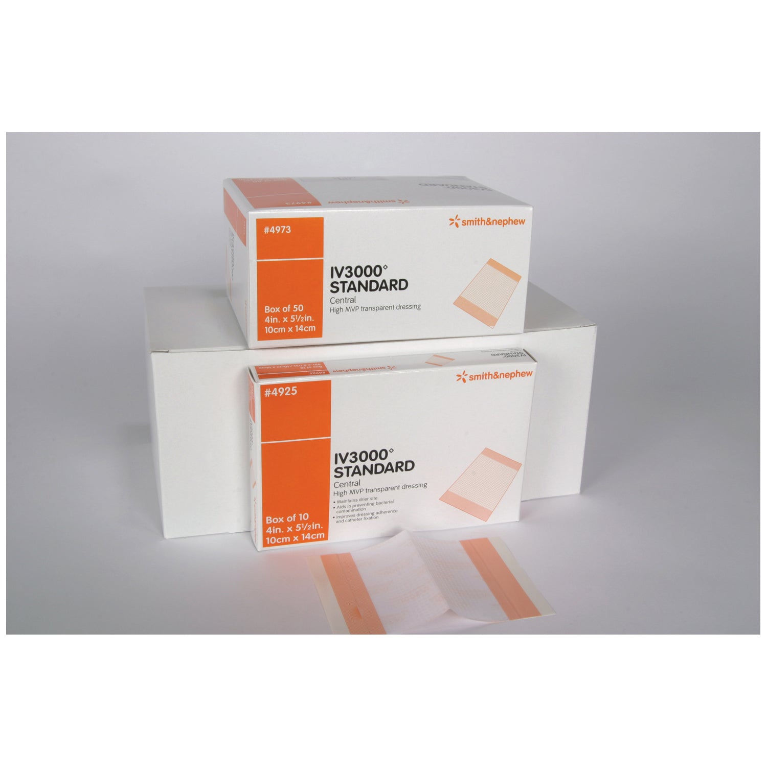 SMITH & NEPHEW OPSITE™ IV3000 TRANSPARENT ADHESIVE FILM DRESSINGS "Central Film Dressing, 4\" x 5\" Tape Handles, 50/bx, 4 bx/cs "