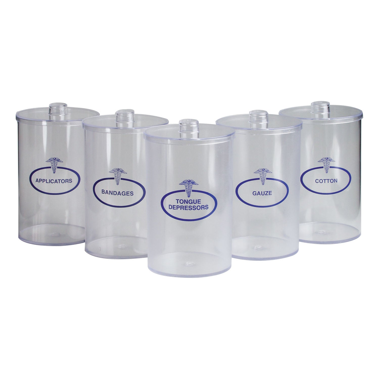 DUKAL TECH-MED SUNDRY JARS "Clear Plastic Sundry Jars, Blue Imprint, Plastic Lids, 61/2\"H x 41/4\"Dia, 5/cs"