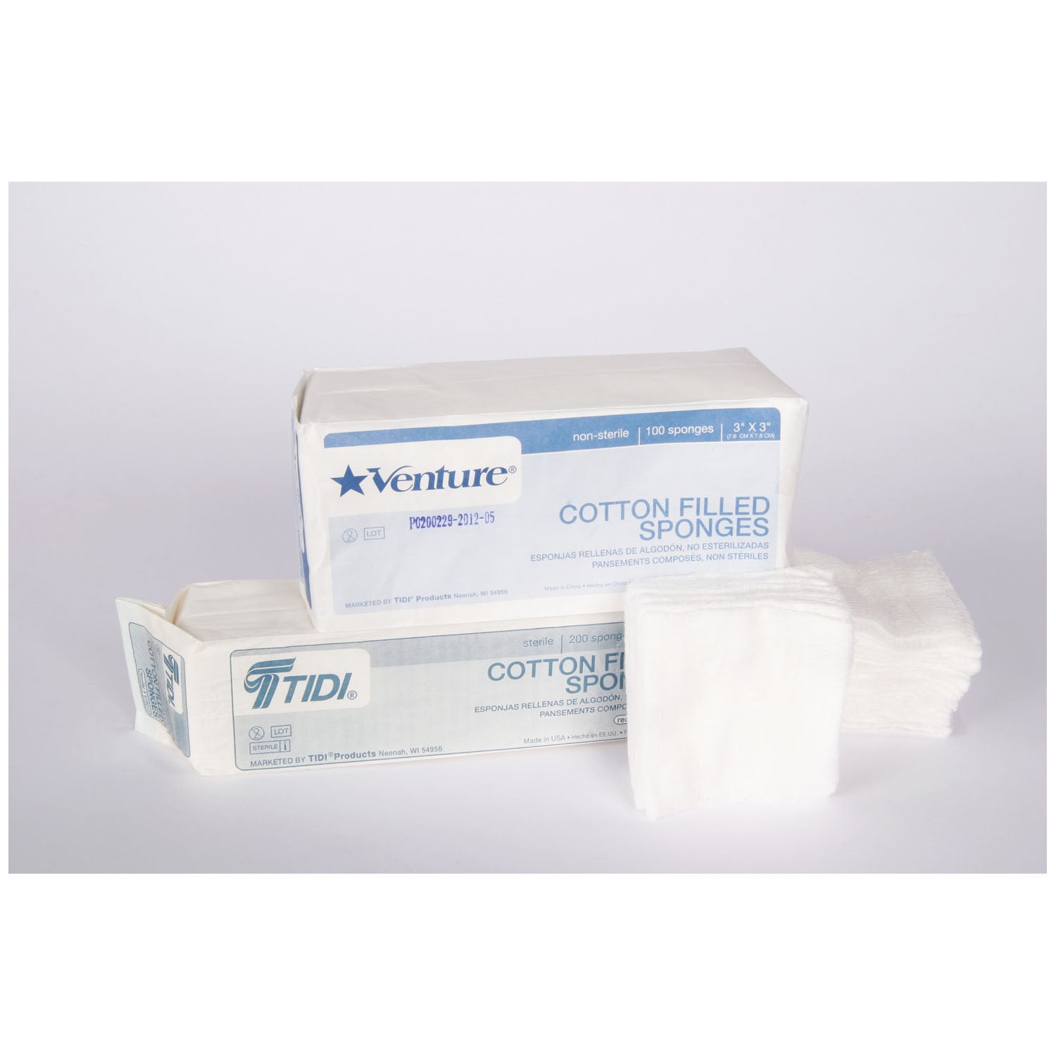 TIDI VENTURE™ 8-PLY NON-STERILE COTTON-FILLED GAUZE SPONGES Cotton-Filled Sponge, 8-Ply, 4" x 4", Non-Sterile, 100/bg, 20 bg/cs