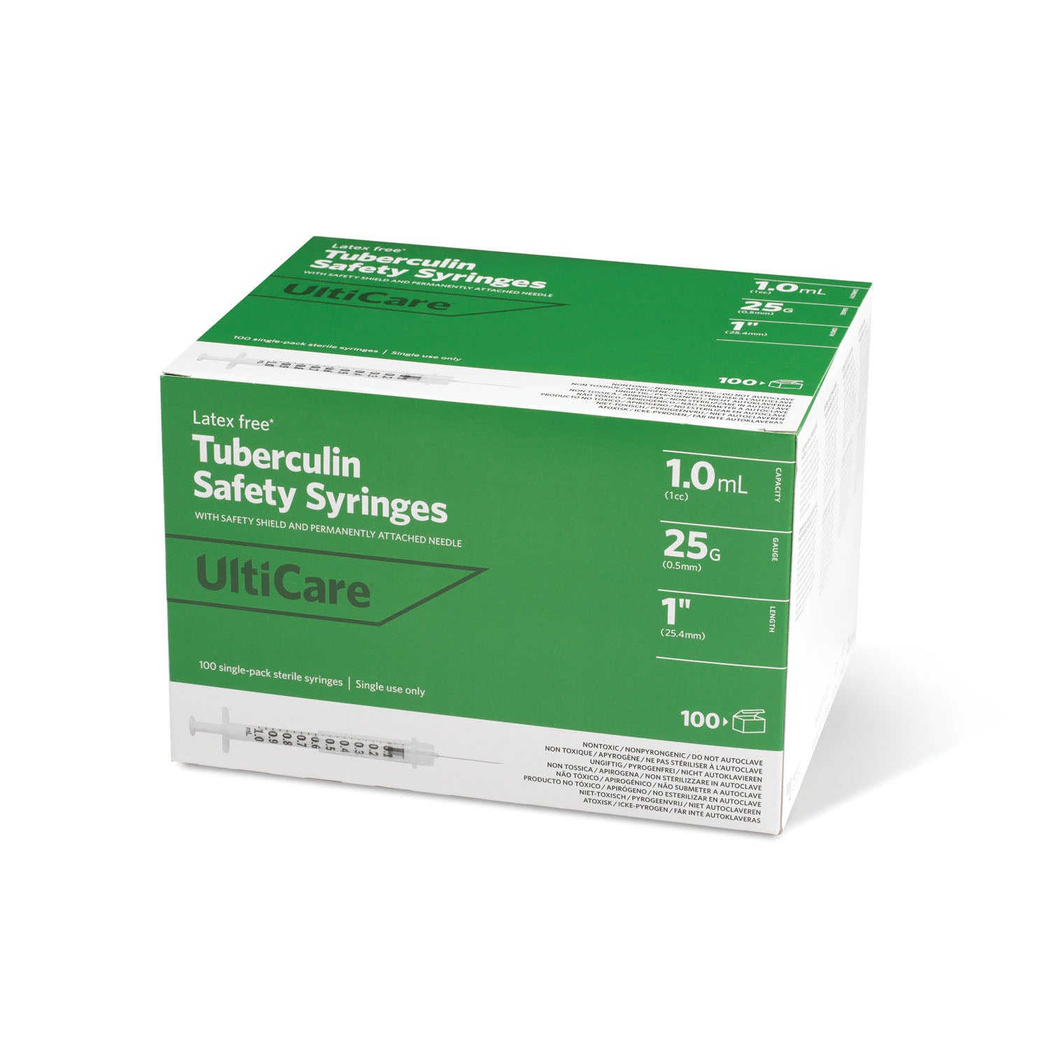ULTIMED ULTICARE TUBERCULIN SAFETY SYRINGES Safety Syringe, Fixed Needle, Tuberculin, 1mL, 25G x 1", 100/bx