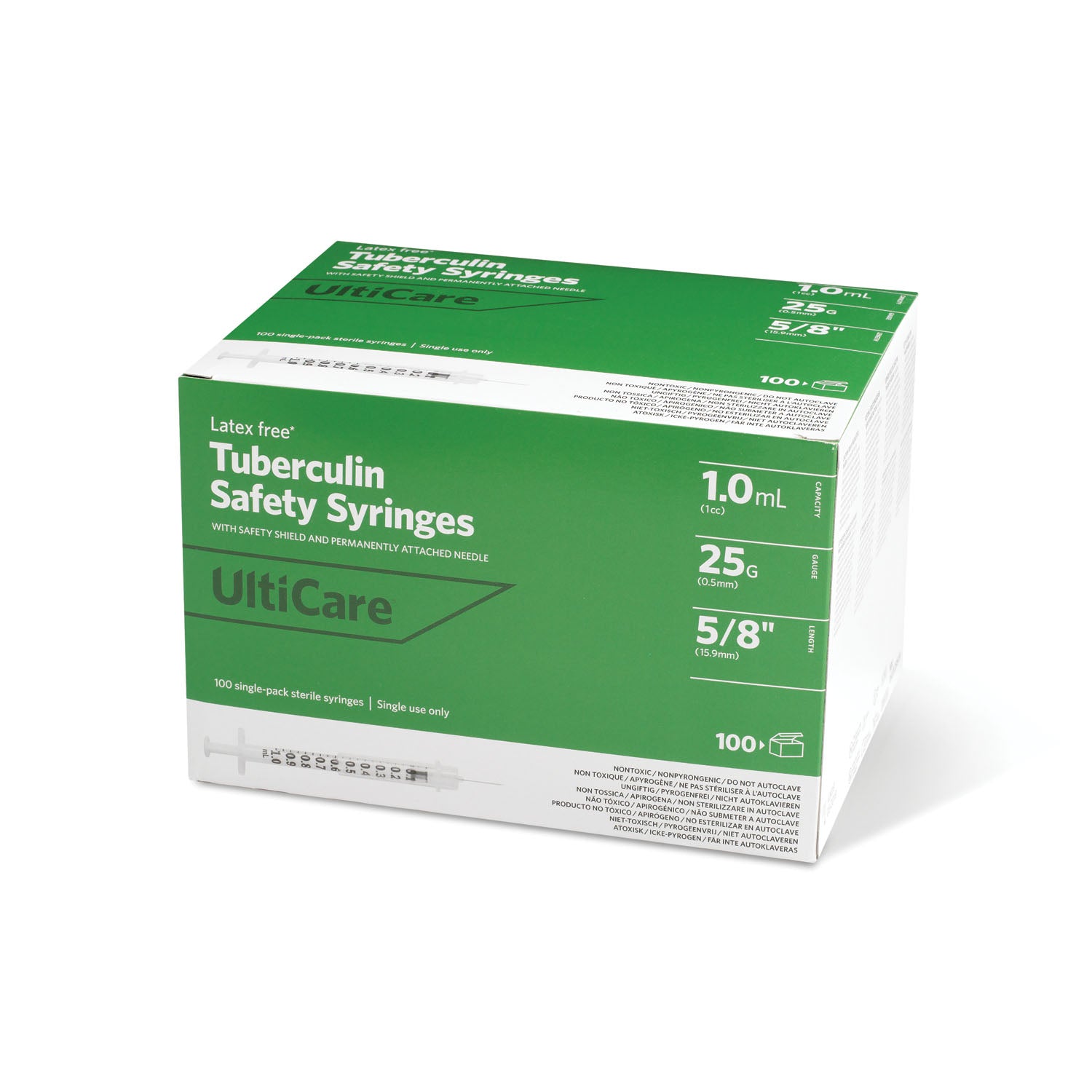 ULTIMED ULTICARE TUBERCULIN SAFETY SYRINGES Safety Syringe, Fixed Needle, Tuberculin, 1mL, 25G x 5/8", 100/bx