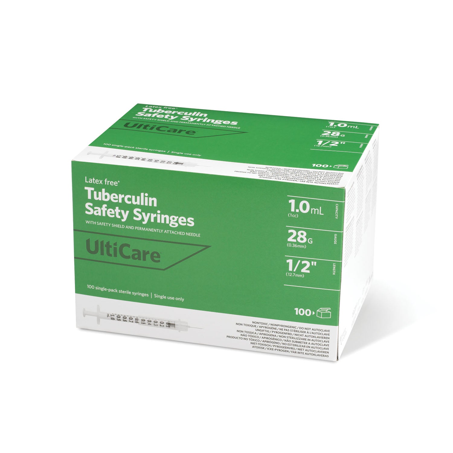 ULTIMED ULTICARE TUBERCULIN SAFETY SYRINGES "Safety Syringe, Fixed Needle, Tuberculin, 1mL, 28G x 1/2\", 100/bx"