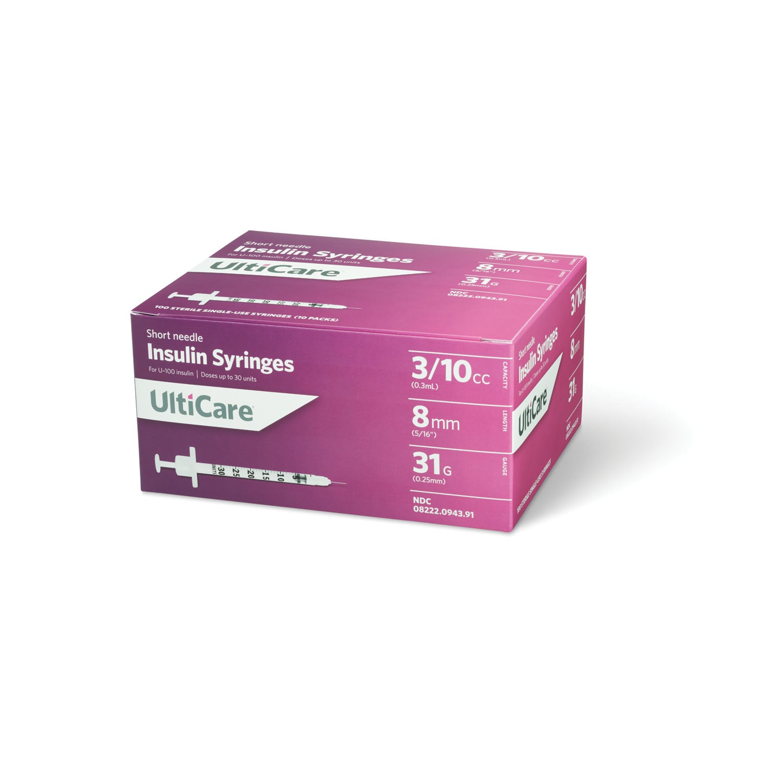 ULTIMED ULTICARE INSULIN SYRINGES Insulin Syringe, 3/10cc, 31G x 5/16", 100/bx
