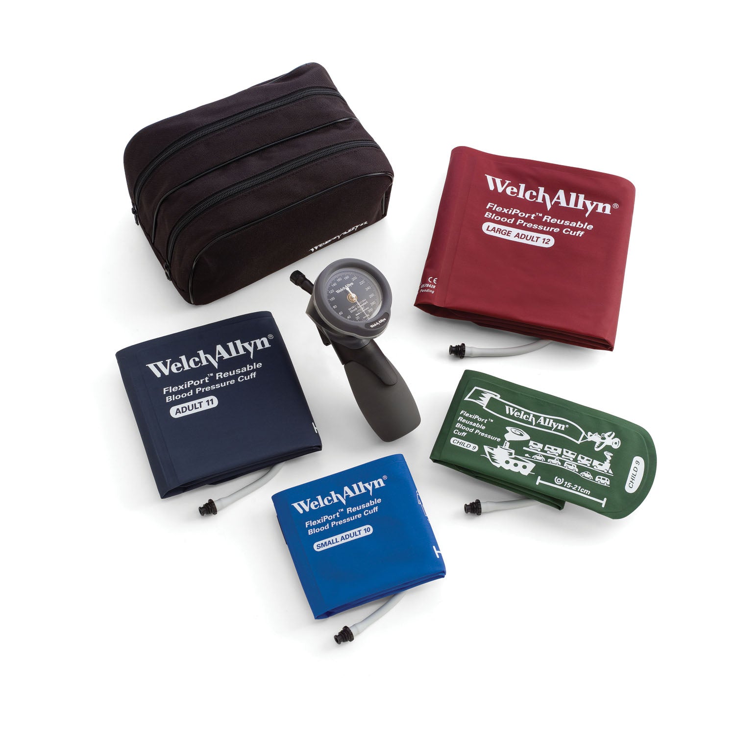 WELCH ALLYN TYCOS® DS66 HAND ANEROID Multi-Cuff Kit, Includes Adult, Large Adult & Child-Print Inflation Systems in Zippered Case, Latex Free