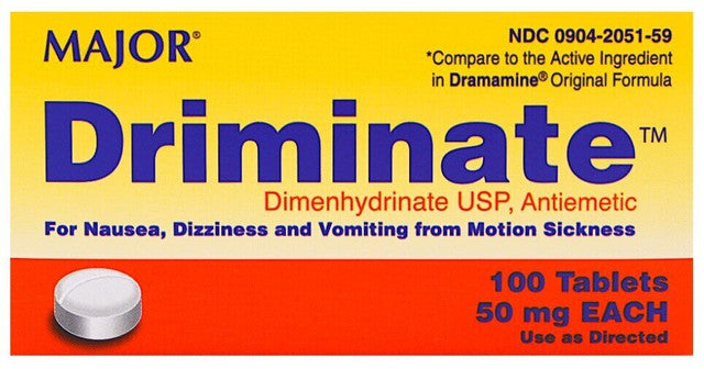 MAJOR MOTION SICKNESS RELIEF Driminate, 50mg, 12s, Tablets, Compare to Dramamine®, NDC# 00904-6772-12 (US Only)