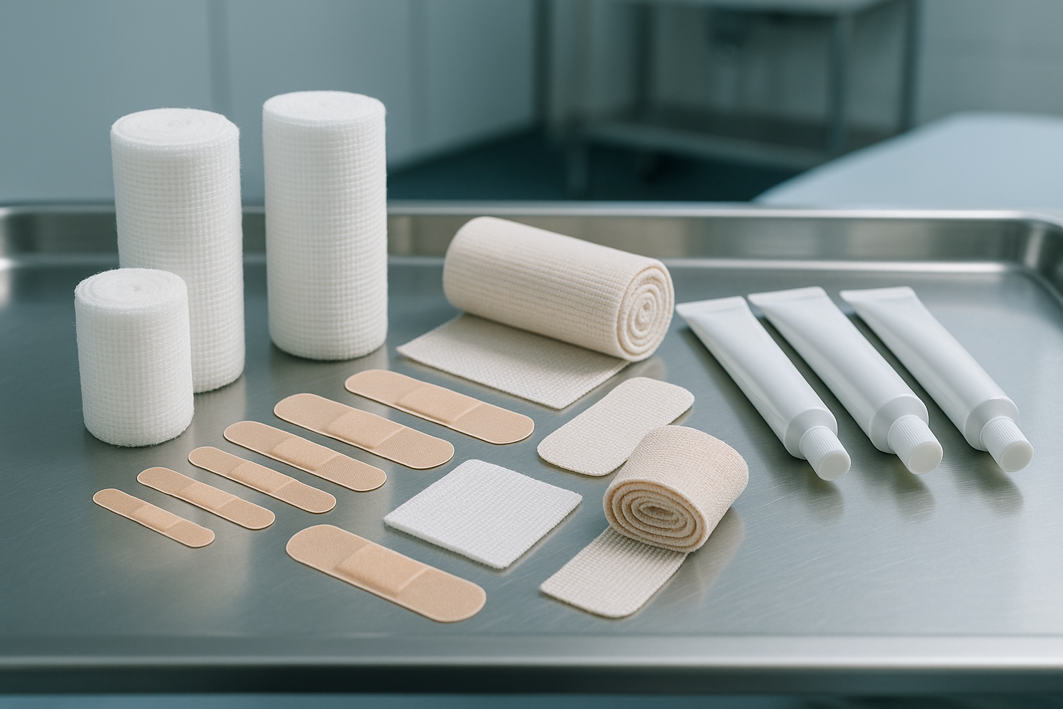 Picture of gauze, bandages, ointments on a metal sterile table 